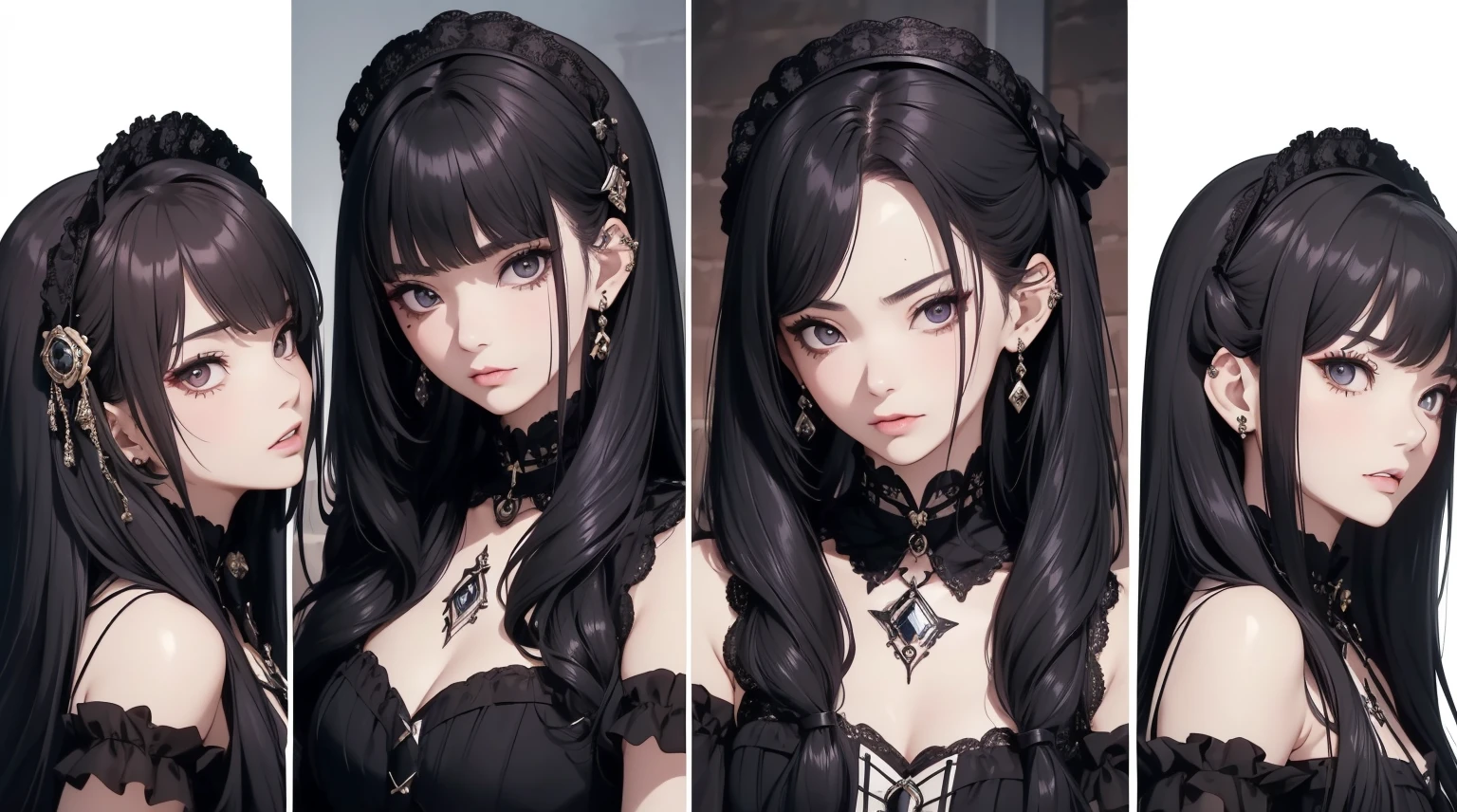 ((ผmasterpiece)),(((bestquality))),masterpiece, excellent,anime, Goth Girl, Emo Girl, long-haired, lolita hair, Gothic series, Black dress, Victorian dress, fearful, Gothic art style, in the mansion, Two maids behind,, annoyed, face only, Separate from each other...., fins, balance, jewelry, sharpt teeth, shouting, sparkling eyes, high-detail, ((4 expressions)), Jungle theme, ((Scab on the face, Glossy lips, Glossy skin, (((There are only four pages..))), (((Only four references)))