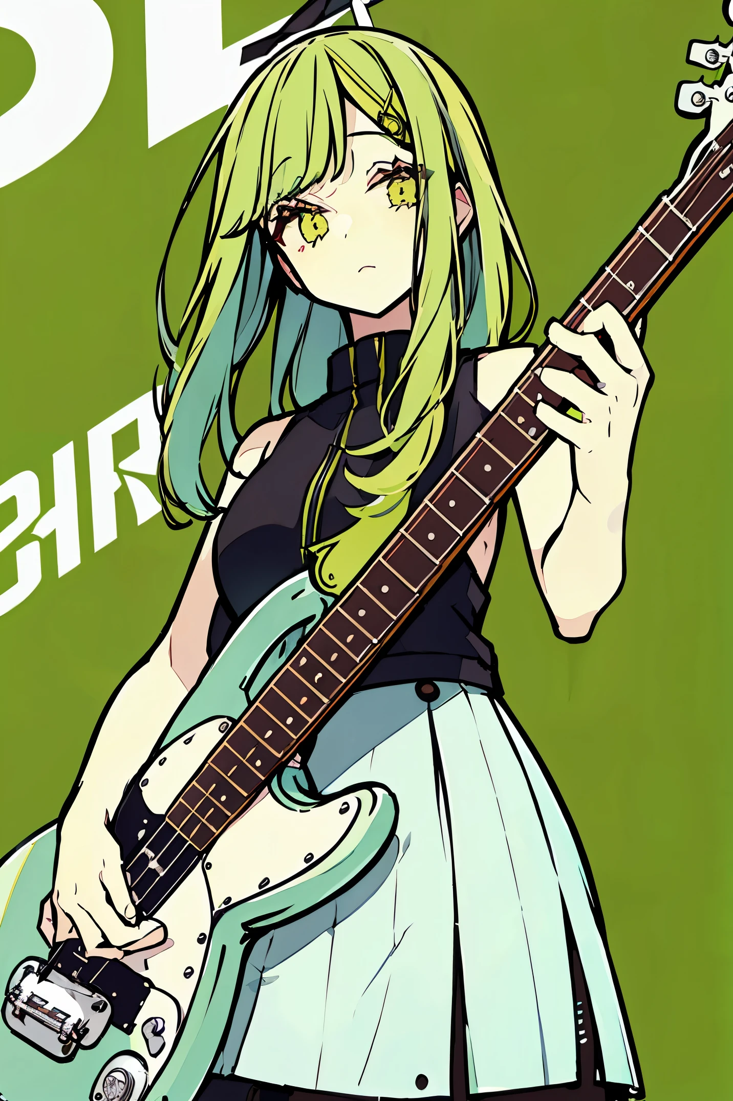 Sketched、Green hair、Background white、Woman playing bass live、brunette disheveled hair、Intricate 4-string bass:1.2、Anatomically correct fingers、((Detailed Fender Precision Base:1.3))、Only one base、