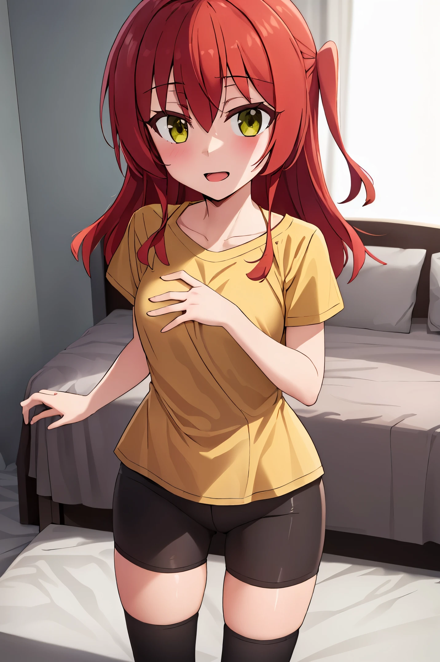1 girl, best quality, ultra high res, long hair, red hair, green eyes, looking at viewers, small breast, standing, pov, slim body, loli body, small body, smile, open mouth, shirt, yellow shirt, short sleeves, bike shorts, bedroom, white bed sheets,