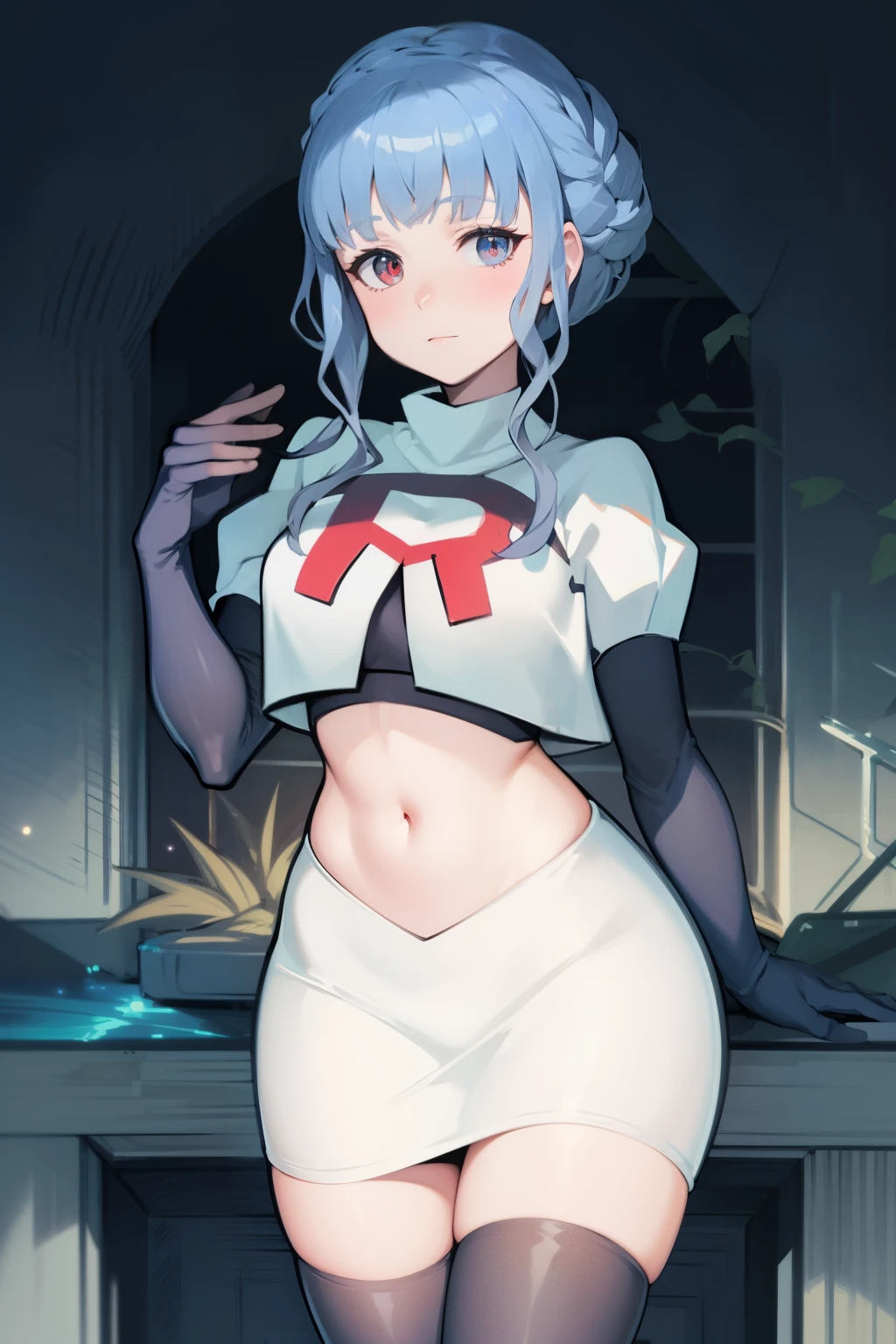 marianne von edmund, team rocket uniform, red letter R, white skirt,white crop top,black thigh-high boots, black elbow gloves, looking at viewer, cowboy shot, night sky background