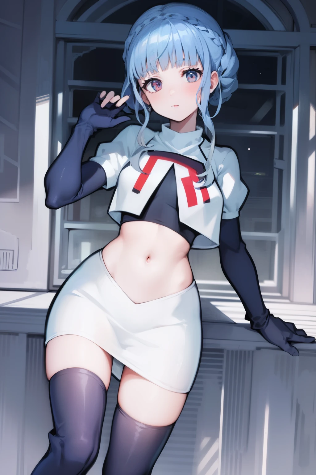 marianne von edmund, team rocket uniform, red letter R, white skirt,white crop top,black thigh-high boots, black elbow gloves, looking at viewer, cowboy shot, night sky background