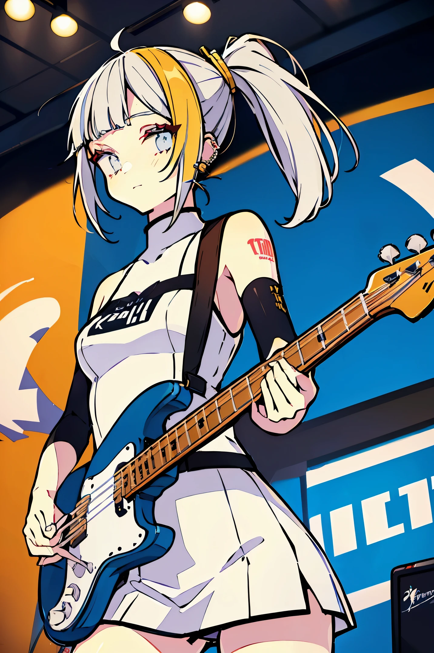 Korea person。16-year-old beautiful girl。femele。Tattoos and piercings。Playing guitar in the city。Street。portlate。white camisole with hot pants。Twin-tailed。、Intricate 4-string bass:1.2、Anatomically correct fingers、((Detailed Fender Precision Base:1.3))、Only one base、