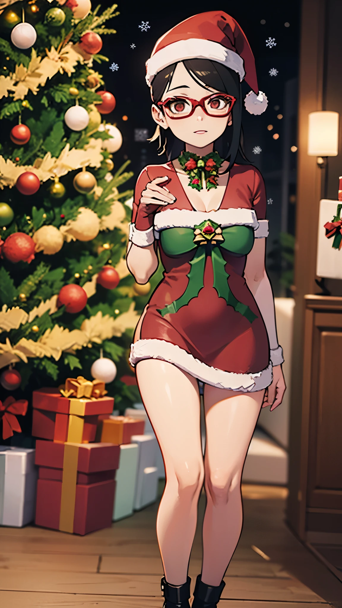 sexy, Piernas gruesas, Minivestido rojo con detalles festivos., combinado con tacones a juego para un conjunto elegante y festivo, (((christmas beastig breasts))