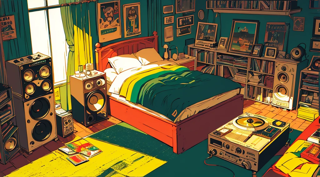 (room with big speakers, rasta color curtains, reggae cassette tapes and records),  (1 girl, lying), (low contrast, flat color, limited palette)