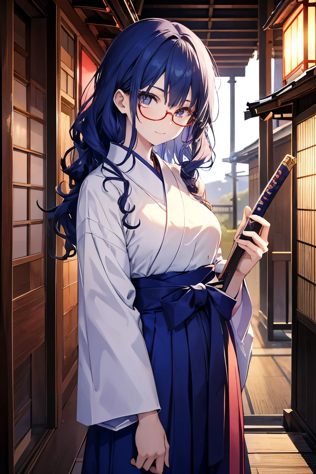 20 years old Japanese girl , high height, wears pale blue lenses glasses, sharp eyes, deep blue curly hair, have a Japanese sword ,wearing a deep blue Japanese hakama , fearless smile, cigarette in his mouth , in front of a Japanese traditional house in midnight,