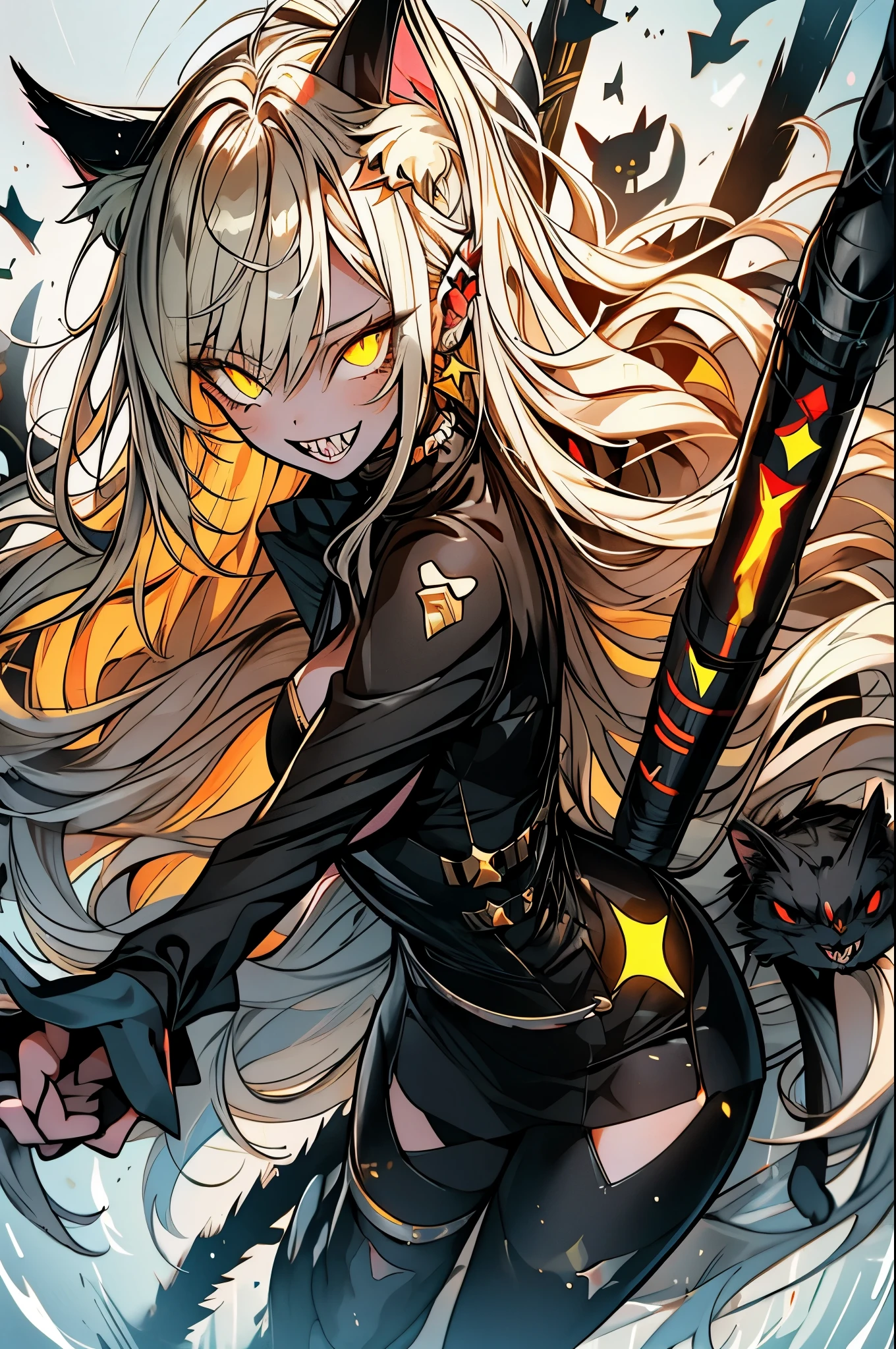 young woman with cat ears, Eyes, and sharp canine teeth,and with glowing yellow Eyes. stride toward the camera. Spread your arms and reach for the camera、She is hugging me lovingly. long, voluminous, flowing hair. a blond. Smile brightly. Sparkling particle lights flying in the wind. bold lines. Beautiful and bright magical forest. Artenine art style.