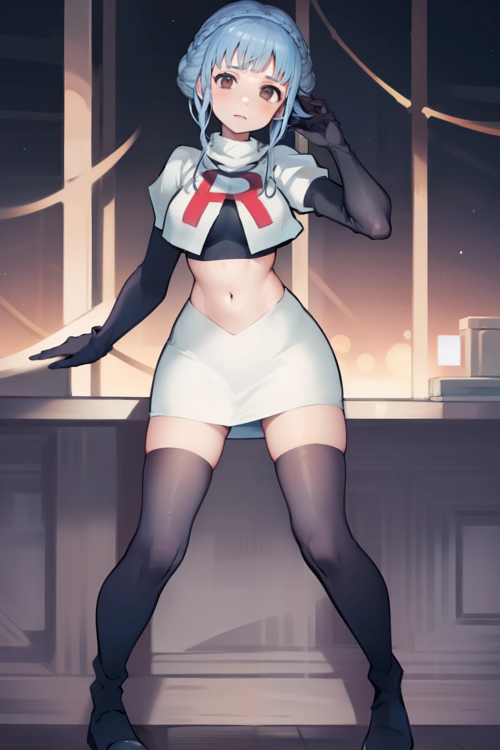 SilverwolfV5, grey eyes,team rocket,team rocket uniform,white skirt,crop top,black thigh-high boots,black elbow gloves,