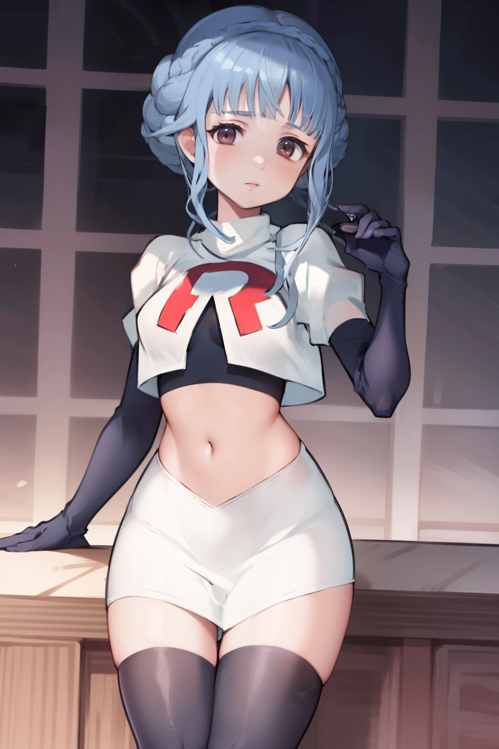 marianne von edmund, team rocket uniform, red letter R, white skirt,white crop top,black thigh-high boots, black elbow gloves, looking at viewer, cowboy shot, night sky background