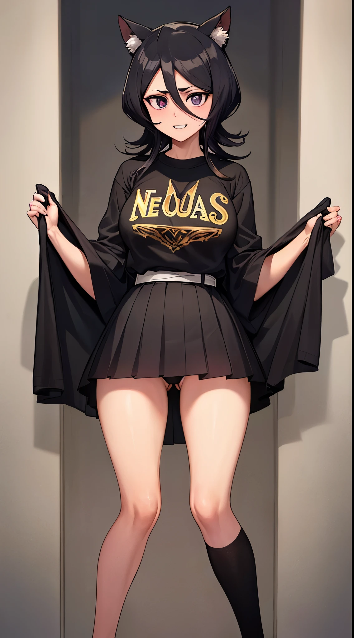 Capa rasgada de lino, Camisa blanca sin mangas, Cabello largo y desatado, ojos pellizcados, tetas grandes, muslos gruesos, Bragas blancas, (Medias negras oscuras de una sola pieza: 1.6), dark purple hip skirt, cuello, They are smiling
