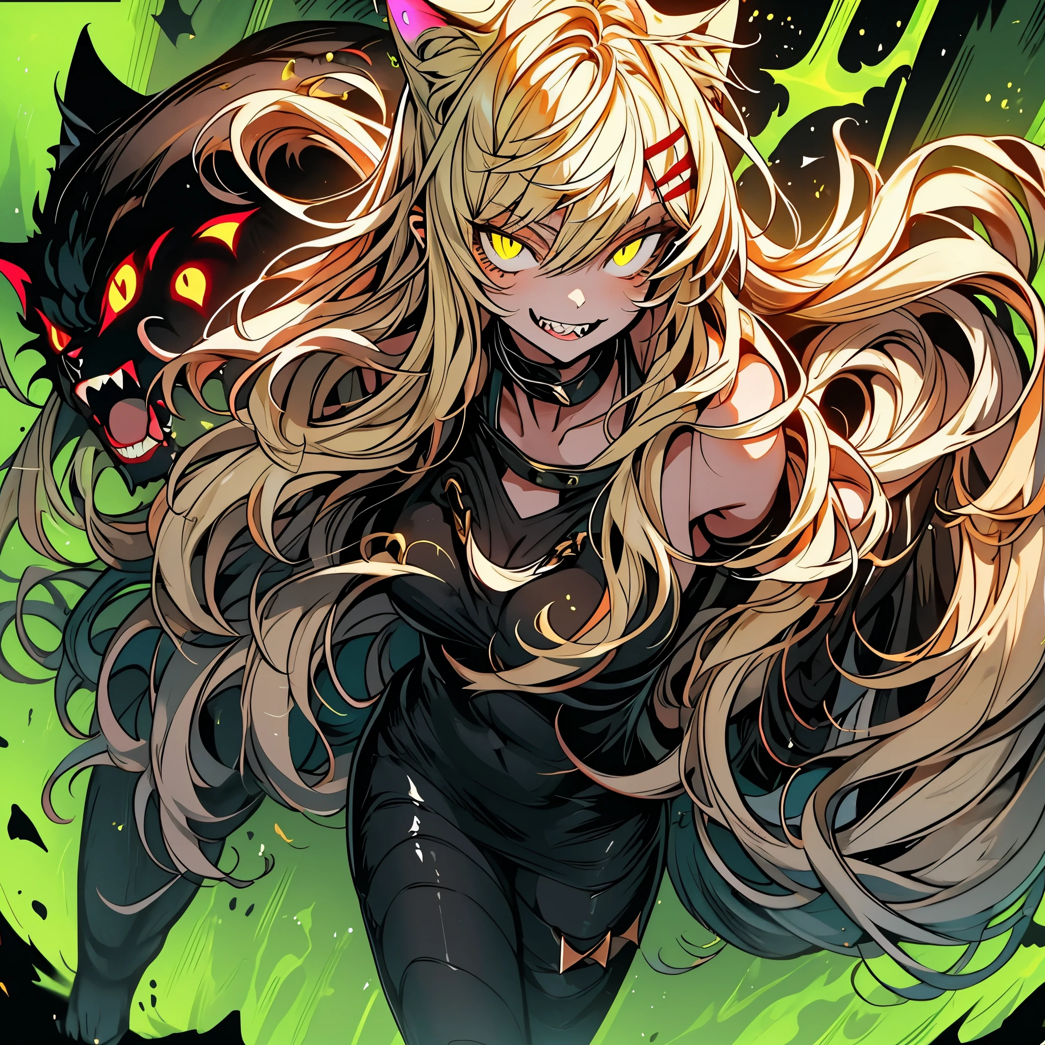 A young woman with cat ears, eyes, and sharp canine teeth,and with glowing yellow eyes. Striding towards the camera. Arms extended as she reaches for the camera with an open and loving embrace. Long and voluminous flowing hair. Blond hair. Smiling brightly. Glowing particle lights flying in the wind. Bold lines. Lovely and bright magical forest. Art style of Arthenin.