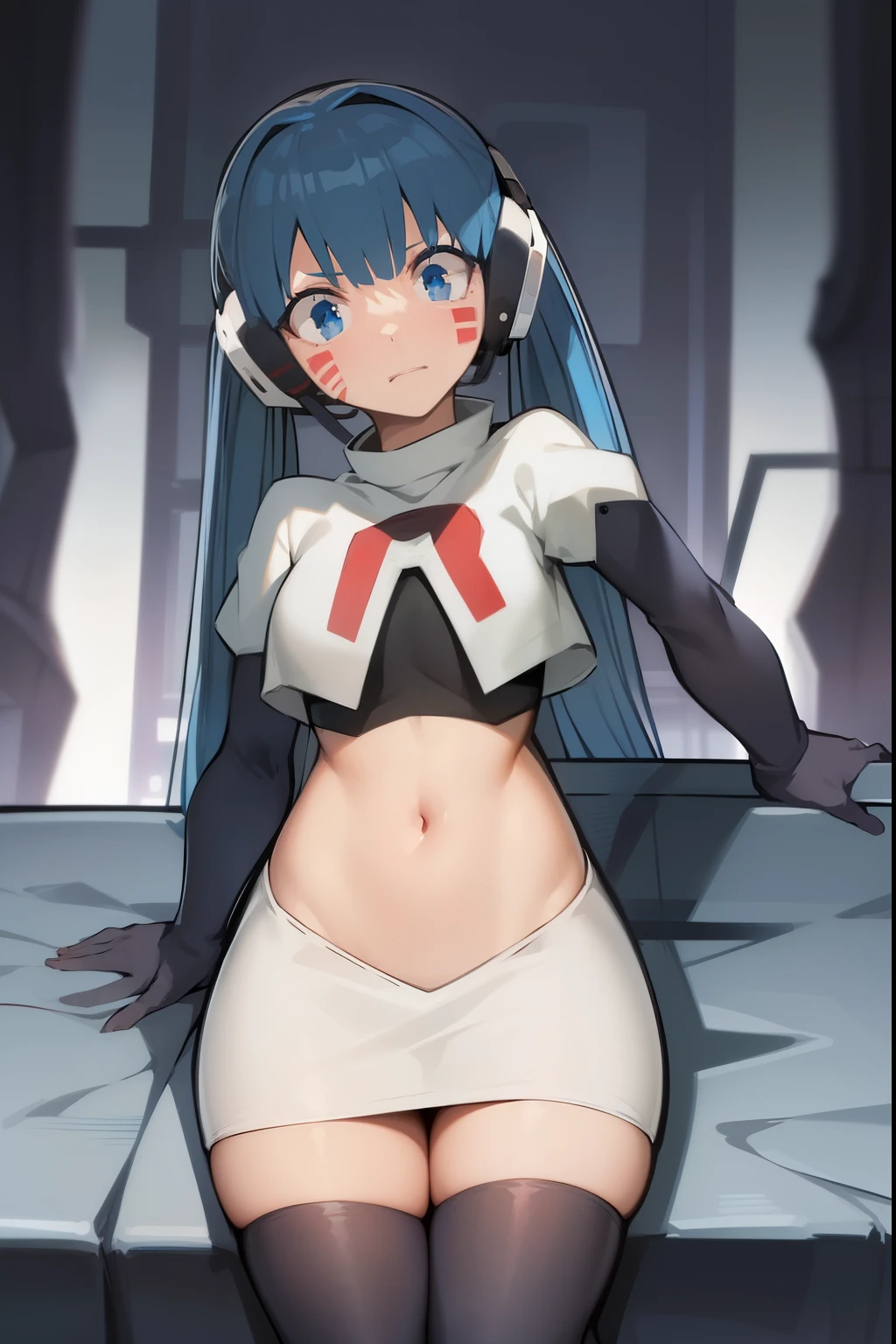 masterpiece, best quality, pov, harmit1, 1girl, solo, blue eyes, blue hair, long hair, twintails, facial mark, headphones, 
team rocket,team rocket uniform, red letter R, white skirt,white crop top,black thigh-highs,black elbow gloves