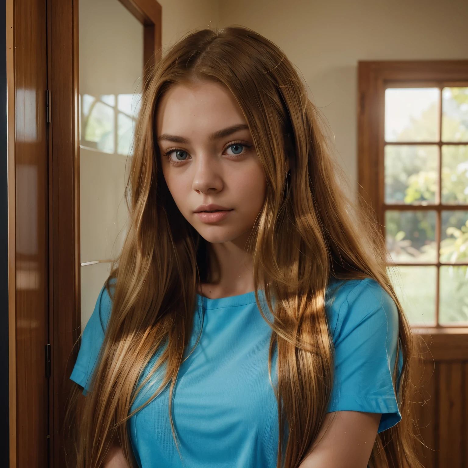 arafed woman with long hair and a blue shirt posing for a picture, brunette with dyed blonde hair, gorgeous female samara weaving, blonde and auburn two toned hair, auburn and blonde two toned hair, blonde hair and large eyes, sydney sweeney, samara weaving, sydney hanson, young southern woman, vannessa ives, brooke ashling