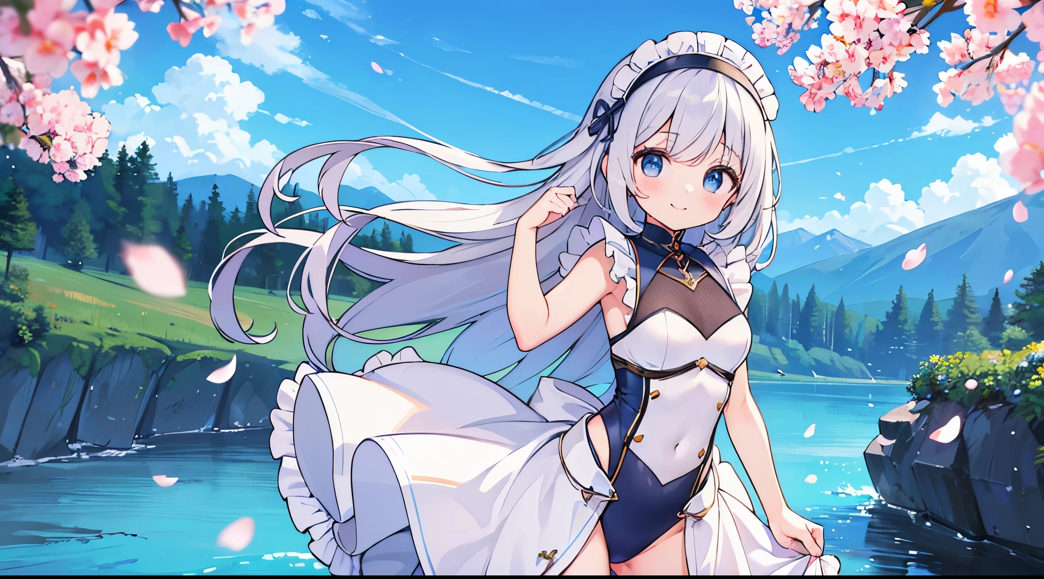 (is standing、Full body depiction、wide Shots)、((ar old、er Cute Girl、long straight hair、bright pattern) leotard: 1.3、cute decorative headband)、(blushing、Close one eye and smile)、((Meadow by the river with blue sky))、traveling dancer、knights、priest、s Armor、A warrior、a sorceress、Maids、saints、((4k、8k、top-quality、perfect fingers: 1.3、perfect anatomia: 1.3、Background blur))、