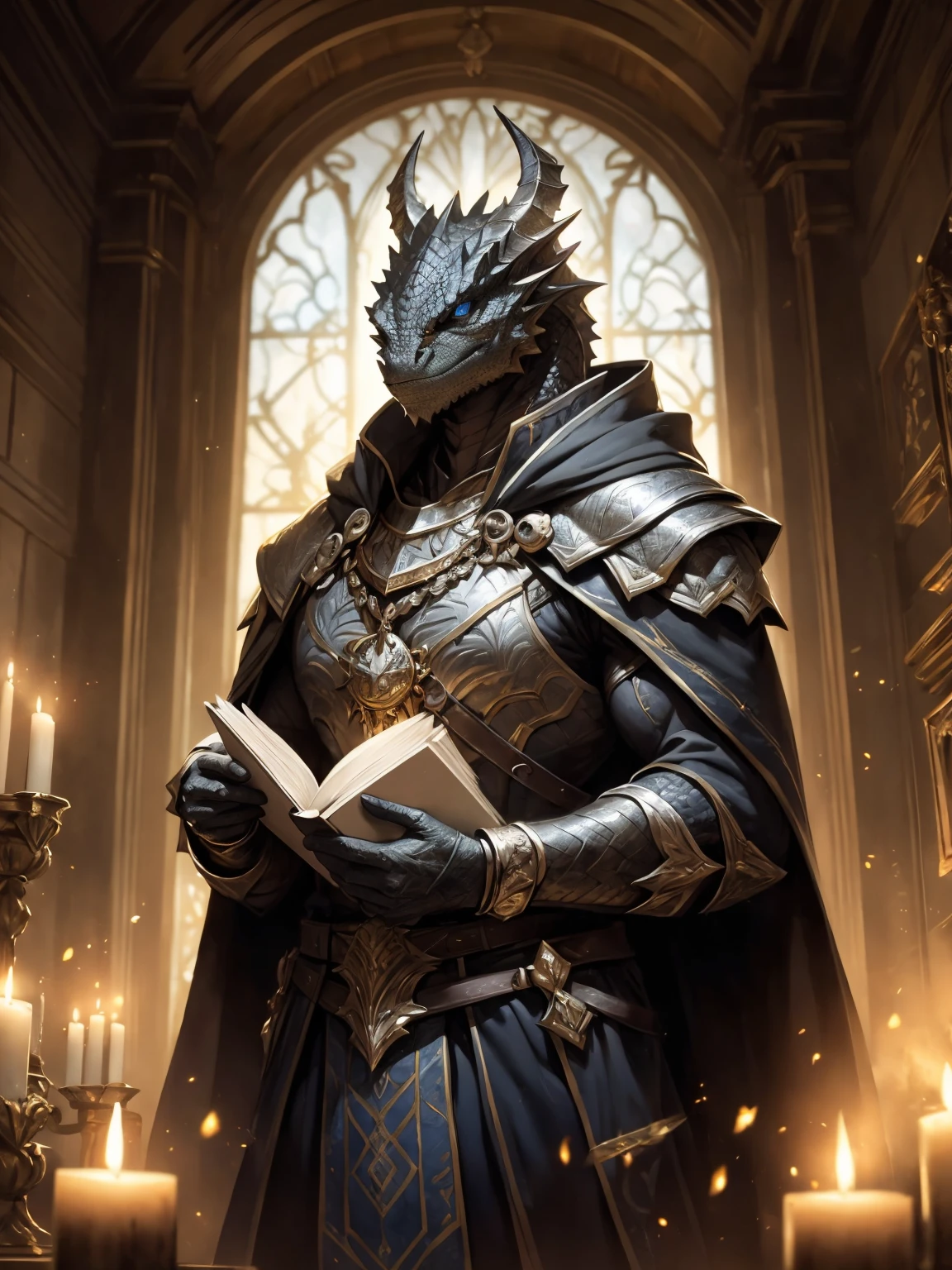(black dragonborn, male, golden horns, solo portrait, stoic pose, holding a book, black scales, scales, reptilian face, blue eyes) tail, buff, black and silver armor, black and silver chest armor, black and silver gauntlets, black and silver pauldrons, dark blue cloak, dark blue robes, inside, close-up, standing inside, good lighting, candles in back ground, in temple ((masterpiece, best quality)), art by greg rutkowski