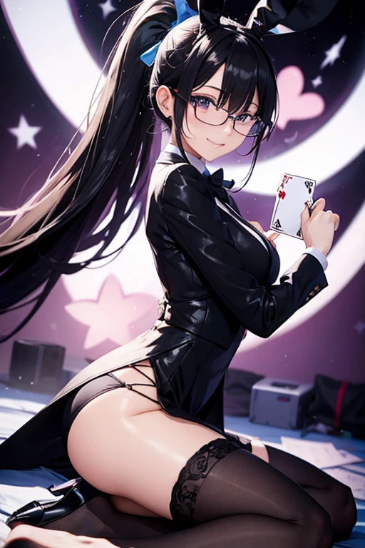 Beautiful female magician, , Throwing cards, long hair in a ponytail,, bangs, Wear glasses, Bright smile, wearing a black bunny costume, Wear a long-tailed tuxedo., Wear black stockings., There are many flight tickets.,