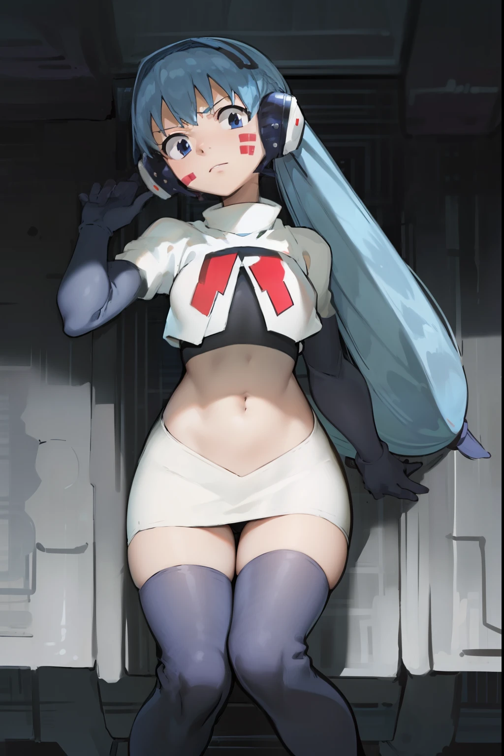 masterpiece, best quality, pov, harmit1, 1girl, solo, blue eyes, blue hair, long hair, twintails, facial mark, headphones, 
team rocket,team rocket uniform, red letter R, white skirt,white crop top,black thigh-highs,black elbow gloves