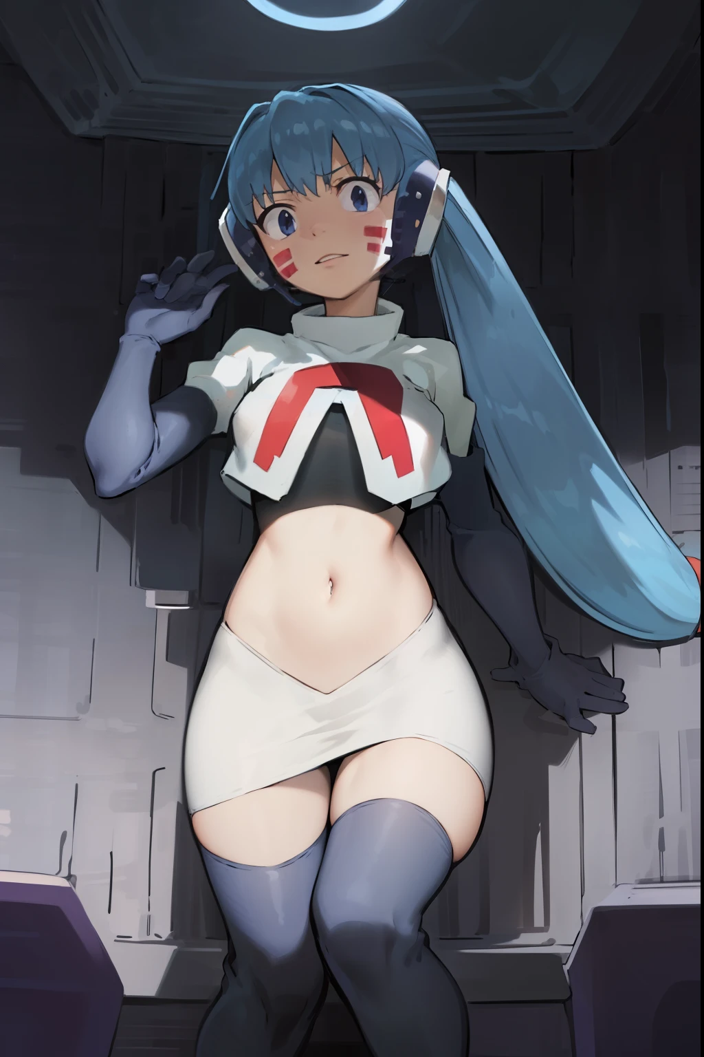 masterpiece, best quality, pov, harmit1, 1girl, solo, blue eyes, blue hair, long hair, twintails, facial mark, headphones,
team rocket,team rocket uniform, red letter R, white skirt,white crop top,black thigh-highs,black elbow gloves