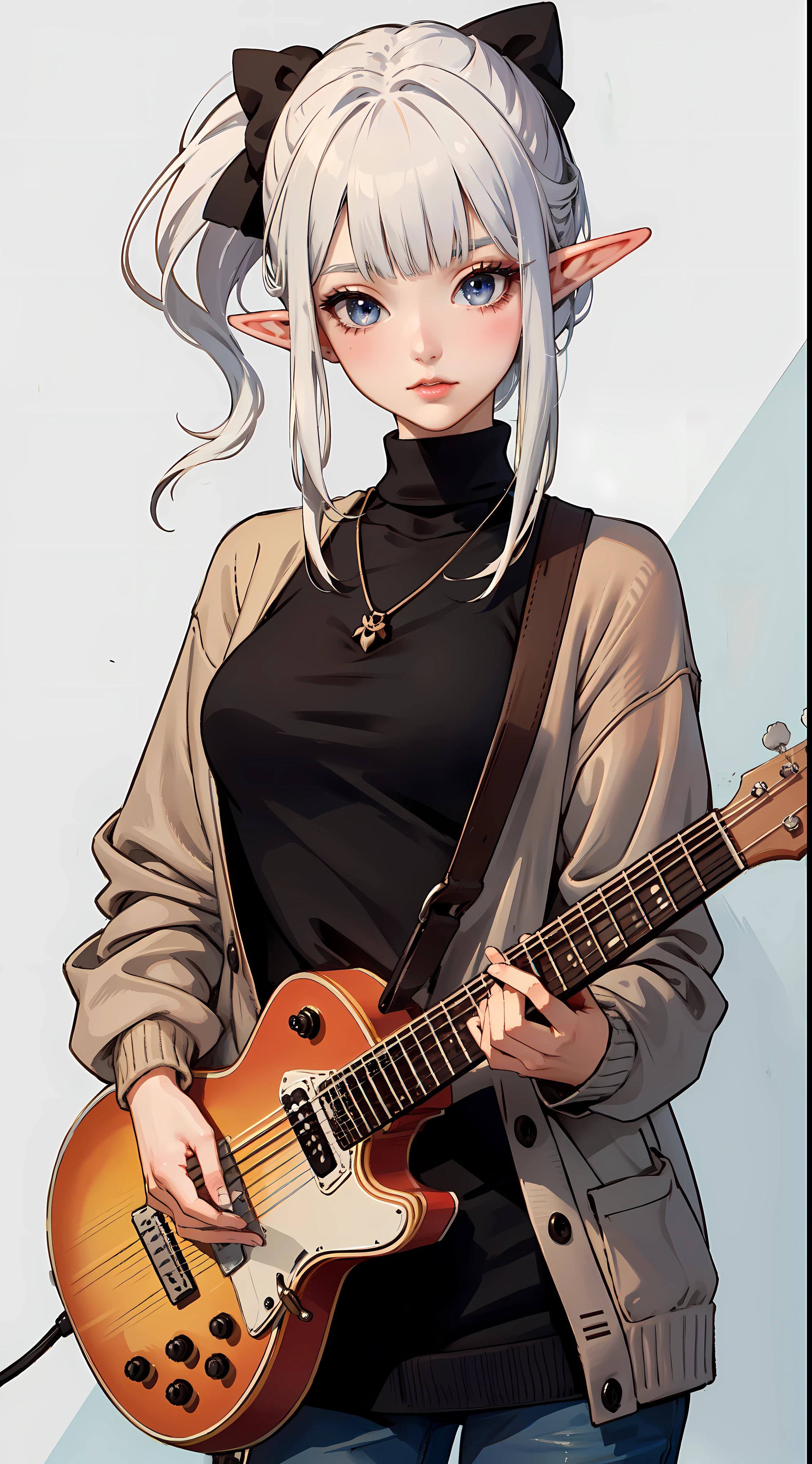 ((masterpiece, best quality)), official art, unity 8k wallpaper, ultra detailed, an elf woman, with a ((guitar)) in her hands and a joy in her eyes, BREAK, highly detailed of (elf), (1girl), solo, big breast, perfect face, details eye, Blunt bangs, (hair between eye), white hair, blue eyes, eyelashes, eyeshadow, pink eyeshadow, in the style art by Artgerm, by Kawacy, by Yoshitaka Amano, BREAK, flat jumper, knitwear, knitwear design, knitted sweater, cables, cables composition, fishermans rib, woolen material, bright orange