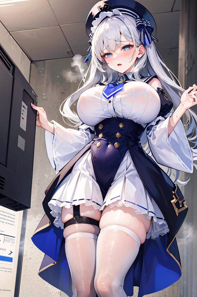 Perfect human body，1 girl， (very highly detailed background、the street), Gorgeous lolita dresow knot，puff sleeves，Skirt brace，(white stockings)，((woman with fever)), ((perspiring,steamy,college aged))), Colossal tits，((The expression of color)), (Blushlush:1.2),