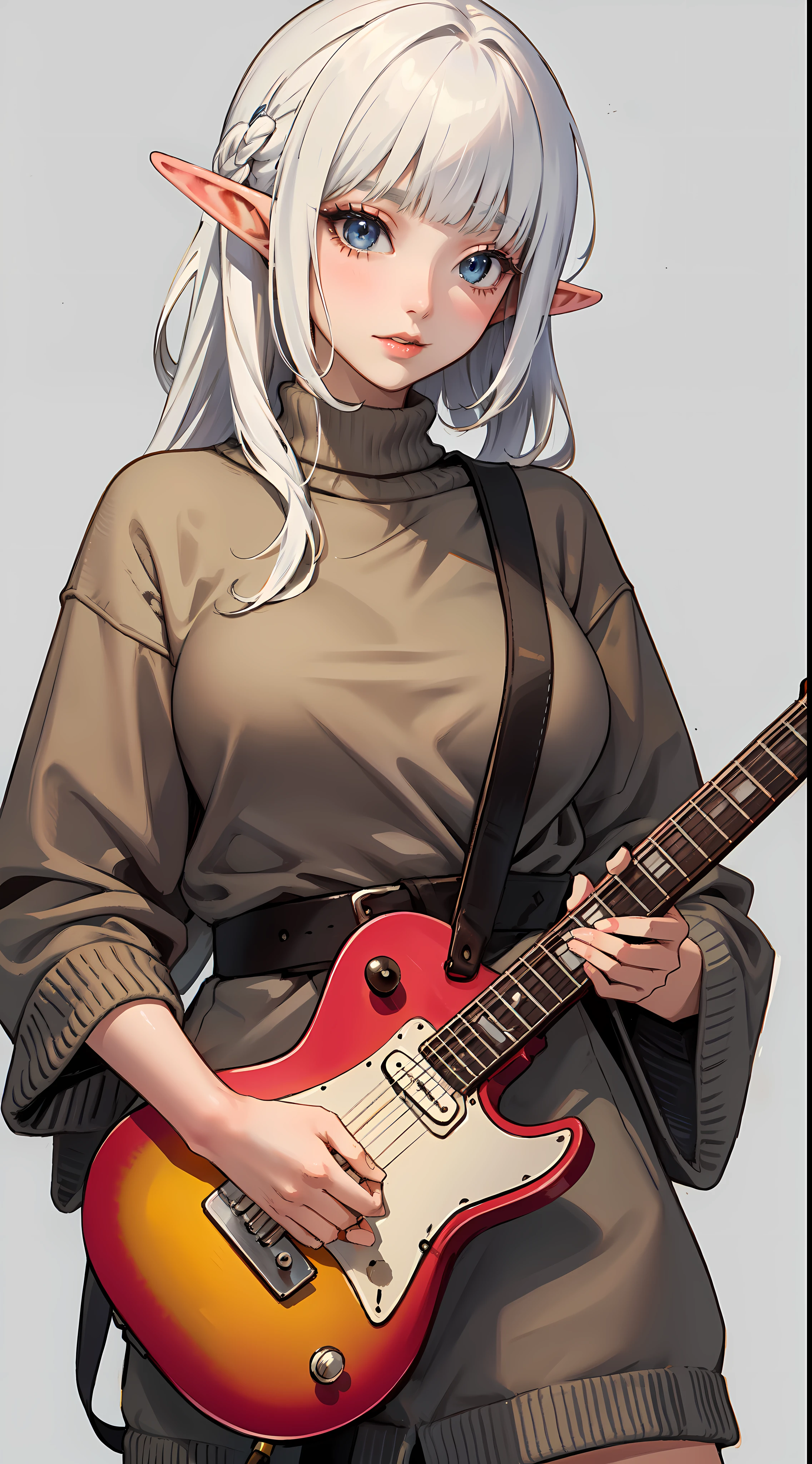 ((masterpiece, best quality)), official art, unity 8k wallpaper, ultra detailed, an elf woman, with a ((guitar)) in her hands and a joy in her eyes, BREAK, highly detailed of (elf), (1girl), solo, big breast, perfect face, details eye, Blunt bangs, (hair between eye), white hair, blue eyes, eyelashes, eyeshadow, pink eyeshadow, in the style art by Artgerm, by Kawacy, by Yoshitaka Amano, BREAK, flat jumper, knitwear, knitwear design, knitted sweater, cables, cables composition, fishermans rib, woolen material, bright orange