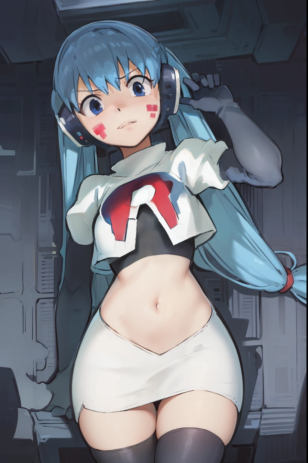 masterpiece, best quality, pov, harmit1, 1girl, solo, blue eyes, blue hair, long hair, twintails, facial mark, headphones, 
team rocket,team rocket uniform, red letter R, white skirt,white crop top,black thigh-highs,black elbow gloves