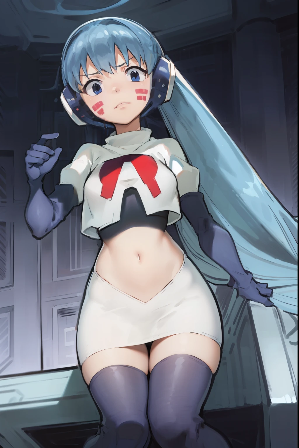 masterpiece, best quality, pov, harmit1, 1girl, solo, blue eyes, blue hair, long hair, twintails, facial mark, headphones, 
team rocket,team rocket uniform, red letter R, white skirt,white crop top,black thigh-highs,black elbow gloves