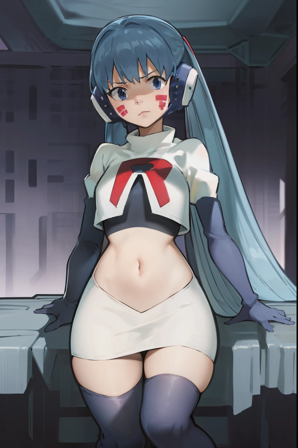 masterpiece, best quality, pov, harmit1, 1girl, solo, blue eyes, blue hair, long hair, twintails, facial mark, headphones, 
team rocket,team rocket uniform, red letter R, white skirt,white crop top,black thigh-highs,black elbow gloves