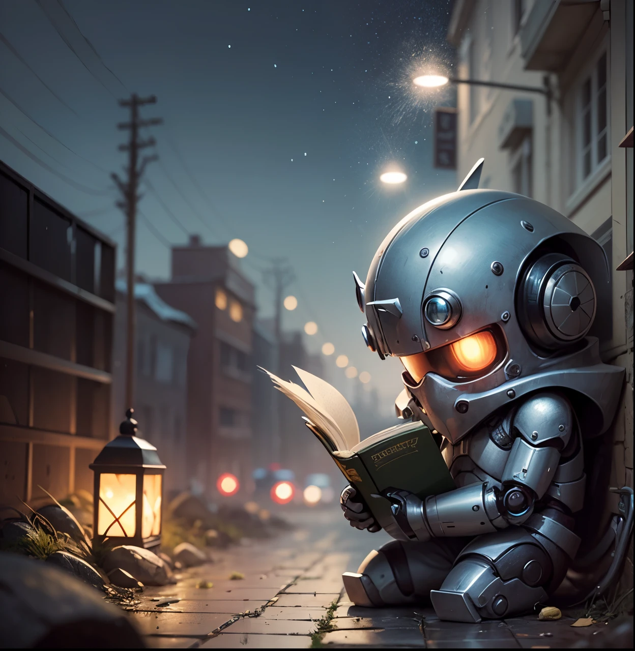 A robot reading a book amidst a dirty, poorly lit landfill. Its eyes shine in the rain, at night, with a distant perspective. The style is reminiscent of dark and somber Ghibli cartoons, featuring muted colors and an atmosphere of despair. --auto --s2