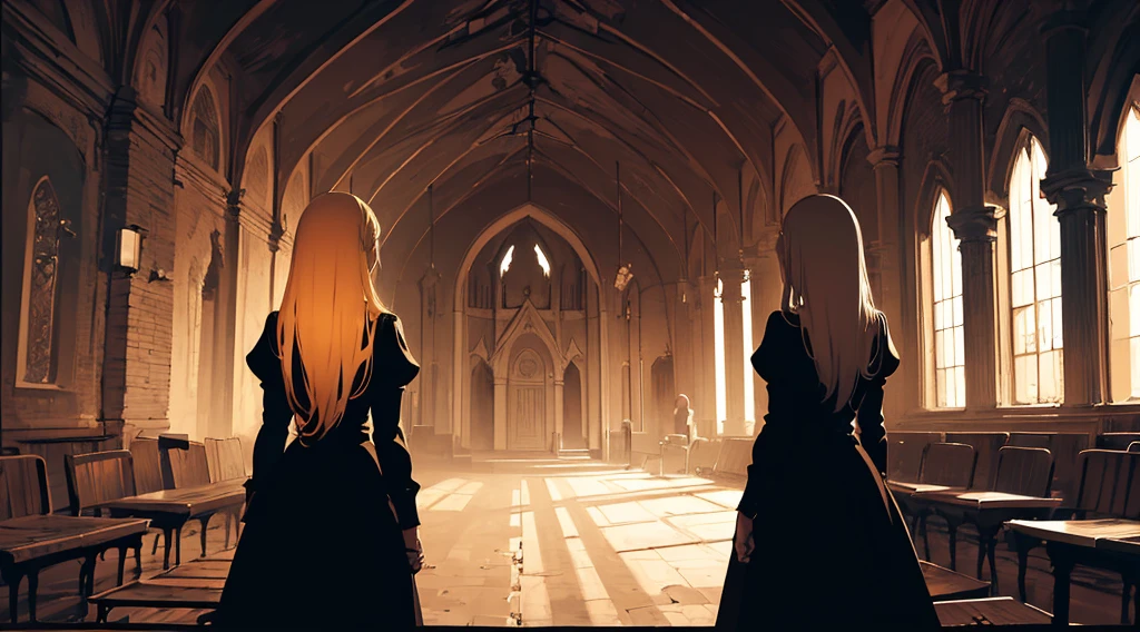 (back view of two girls, sister, blonde hair, hold hands), (abandoned church, late night), (low contrast, flat color, limited palette)