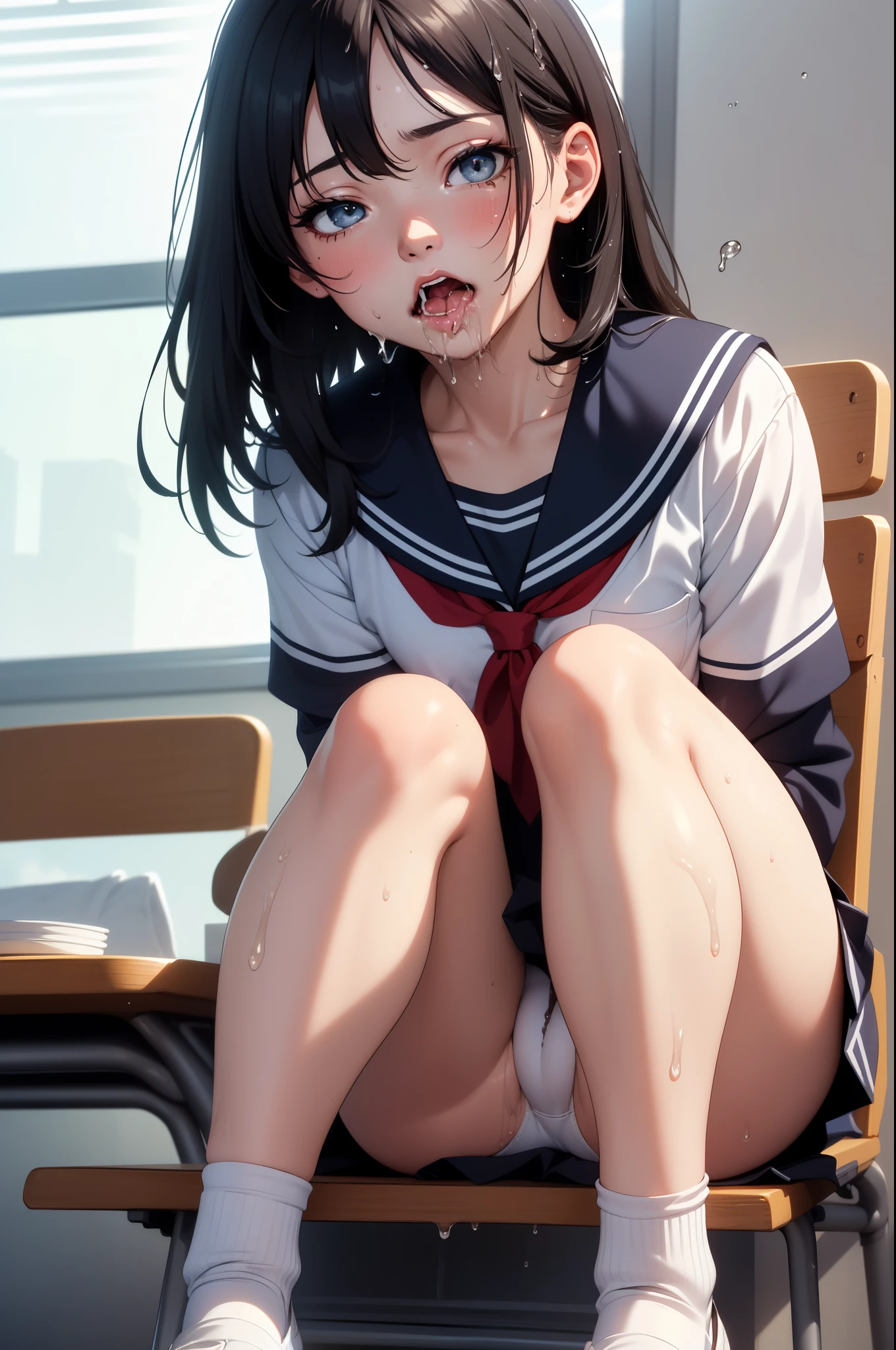 (Photorealistic:1.5), (masterpiece、Highly detailed 8K CG、Sharp lines)、hi-school girl、A dark-haired、(White panties:1.2)、thighs thighs thighs thighs、Beautiful anime schoolgirl、Smooth Anime CG Art、Beautiful anime schoolgirl、Beautiful anime girl, 15-year-old beautiful girl, Detailed skin,(gleaming skin:2.1)、short-hair、(Beautiful black hair:1.2)、blue Eye、(many streaming sweat:1.5), (anguish:1.4), (flat chest:1.8),(Muscular legs:1.6), (gaunt:1.7), (student clothes, a sailor suit, Dark blue pleated skirt:1.4), (sleeveless:0.8),(full body:1.6), solo, one girl, (sitting:1.5), (thigh:1.2), (from front:1.2), (Sweat pouring from her pubic bone:1.6), Inside the classroom, (open mouth:1.4), (Clear drool overflows her mouth and drips from her chin:1.4), (half closed eyes:1.3), navy ankle socks, (She's properly clothed:1.2)