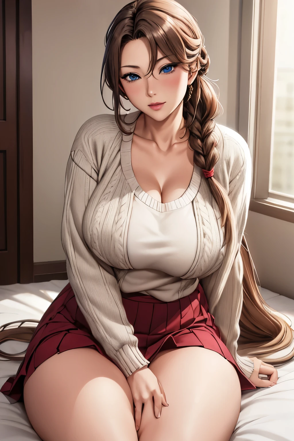 masutepiece, (Best Quality), 1womanl,1girl in ,akiko_minase,    Long hair, Brunette hair,   Blue eyes, braid, single braid, Hair intake, hair over shoulder, (maturefemale), Skirt, Sweaters, Cardigan,       house wife, Large breasts,Sexy Woman,    , blush vibrant colors ,,Natural lighting  ,nffsw, hair between eye , Beautiful, (Detailed face:1.2), showcase, (Perfect eyes:1.1) ,(Photorealistic:1.1), 8K UHD,  Looking at Viewer,  indoorround