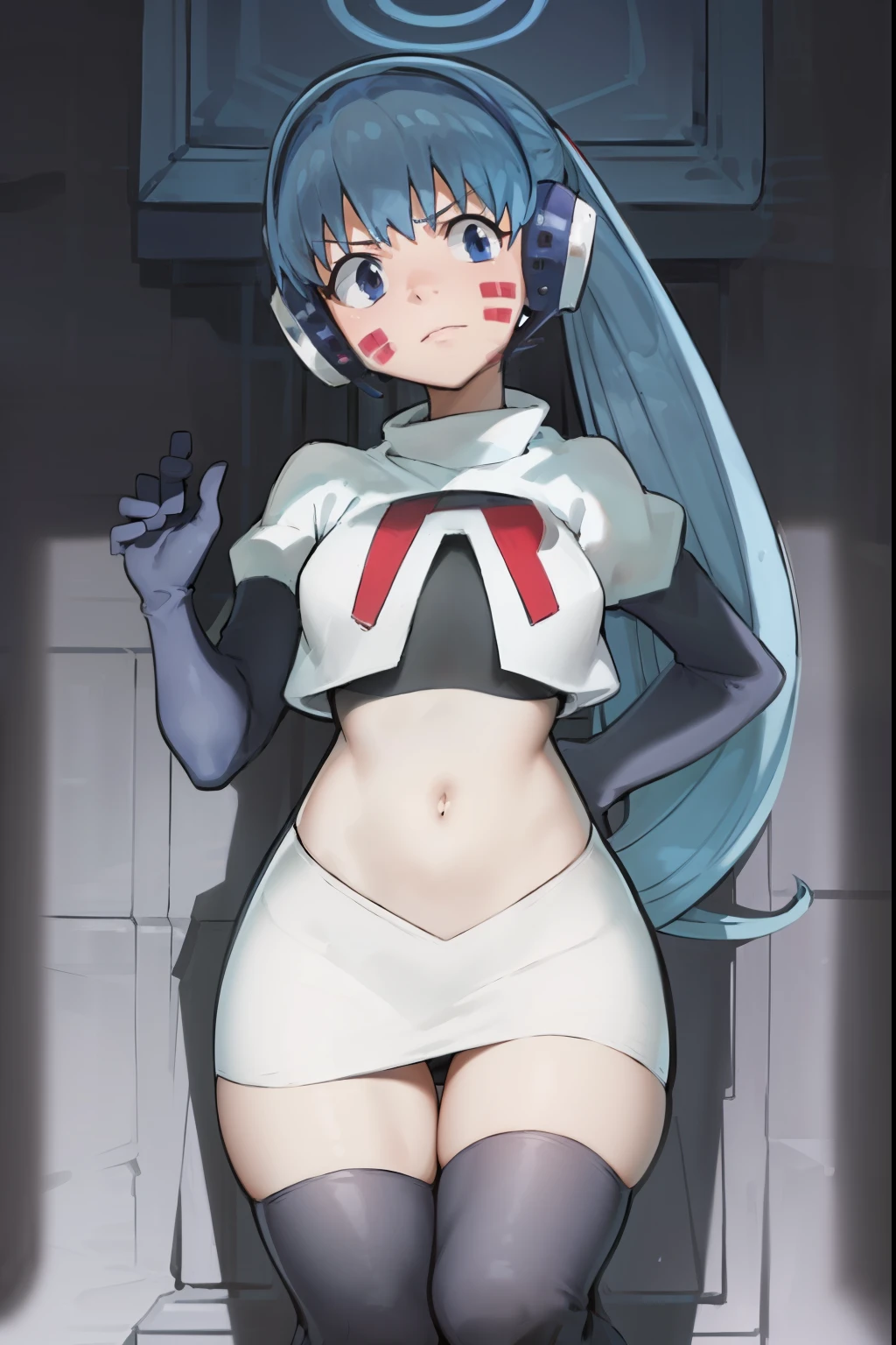 masterpiece, best quality, pov, harmit1, 1girl, solo, blue eyes, blue hair, long hair, twintails, facial mark, headphones,
team rocket,team rocket uniform, red letter R, white skirt,white crop top,black thigh-highs,black elbow gloves
