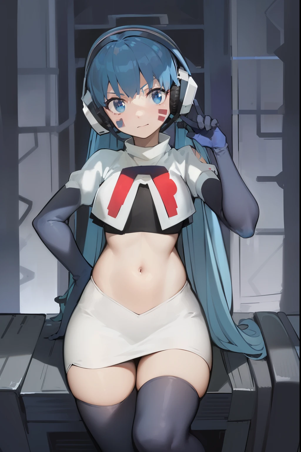 masterpiece, best quality, pov, harmit1, 1girl, solo, blue eyes, blue hair, long hair, twintails, facial mark, headphones, 
team rocket,team rocket uniform, red letter R, white skirt,white crop top,black thigh-highs,black elbow gloves