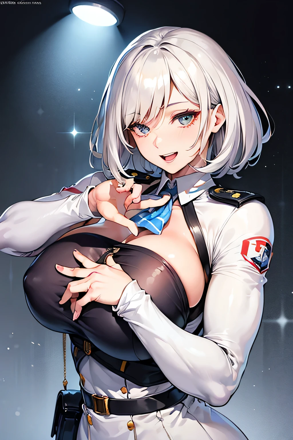 masutepiece, Best Quality, Ultra-detailed, glistening shiny, Glowing light, Ray tracing, hard diskR, deph of field, (Perfect face, Detailed face, Detailed eyes,Perfect hands,Perfect fingers), 8K,hard disk,An ultra - realstic face,Ray tracing,Perfect Lighting,Best Quality, Ultra-detailed, shiny eyes, (Looking at Viewer,Smile with open mouth:1.1), ((1girl in)), (maturefemale:1.4), Chic,
1 girl,Solo, Upper body, (Police Uniform), Laugh
