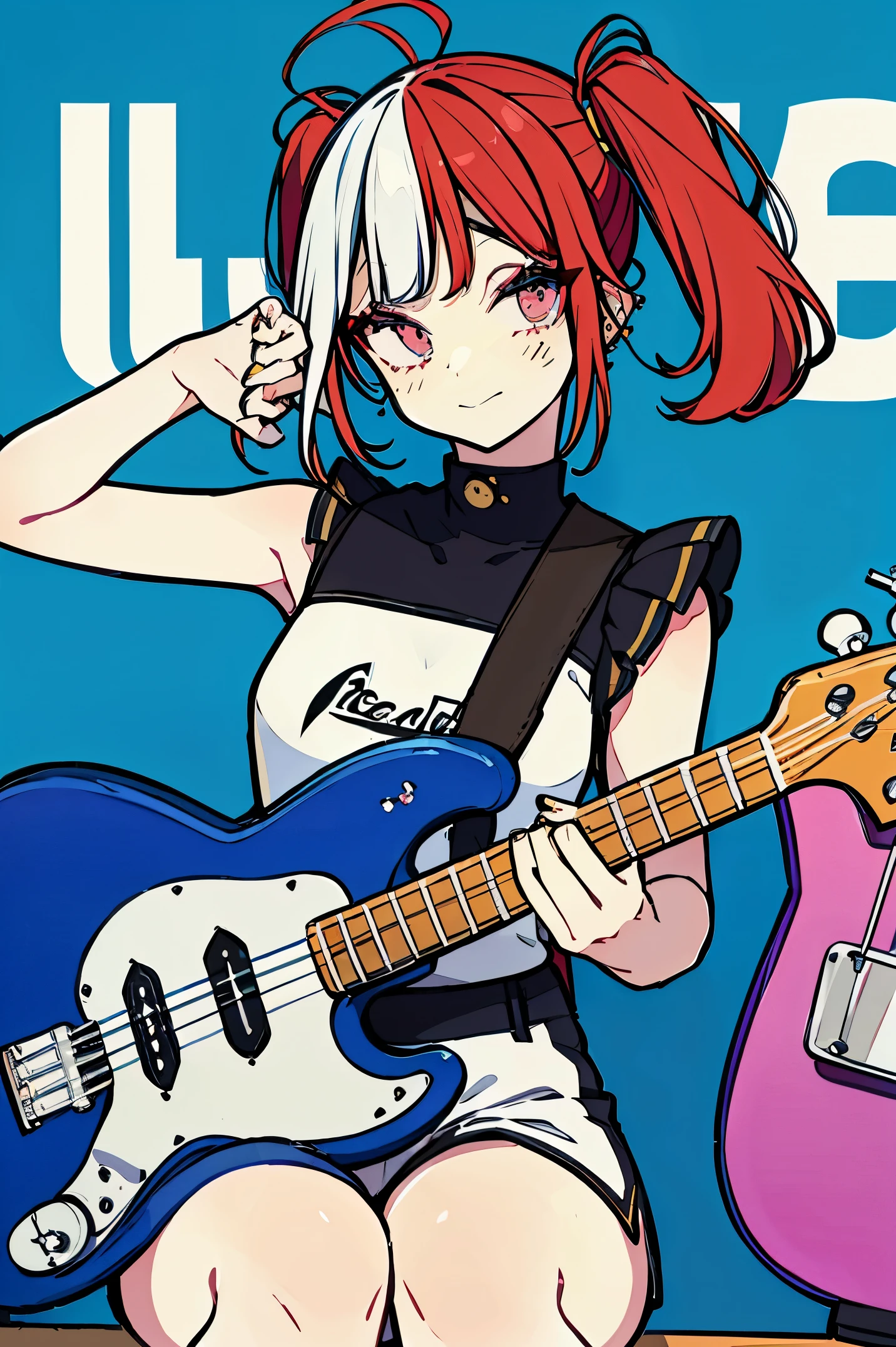 sketchbook、Colorful hair color、Korea person。16-year-old beautiful girl。femele。Tattoos and piercings。Street。portlate。white camisole with hot pants。Twin-tailed、Anatomically correct fingers、Twin-tailed。、Intricate 4-string bass:1.2、Anatomically correct fingers、((Detailed Fender Precision Base:1.3))、Only one base、