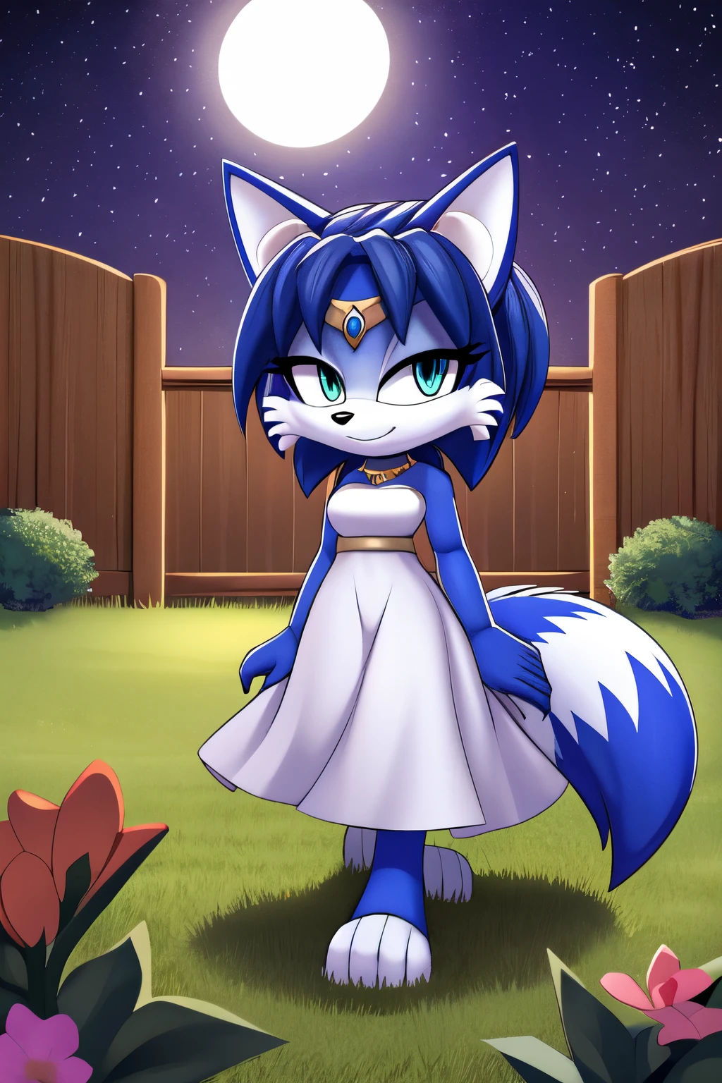 Krystal The Fox, Beautiful, White Dress, Long Dress, Garden, Night, Stars, Looking at Viewer, walking, 2D illustration, new years eve