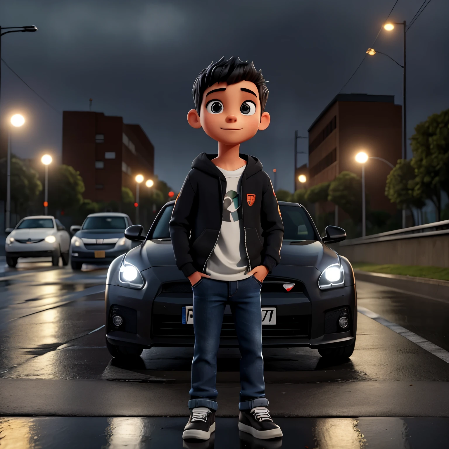 Descreva a cena de um jovem com capuz, wearing a black sweatshirt and jeans, standing on the sidewalk on a rainy night. He is looking at a shiny GTR R35 car passing on the road., Your admiration visible in your eyes. The light from the headlights reflects on the puddles of water around you, enquanto a chuva cai suavemente sobre ele. O som do motor potente ecoa no ar, misturando-se ao som da chuva. The boy remains motionless, captured by the elegance and speed of the car, dreaming of the day when you can be behind the wheel of such an impressive machine.
