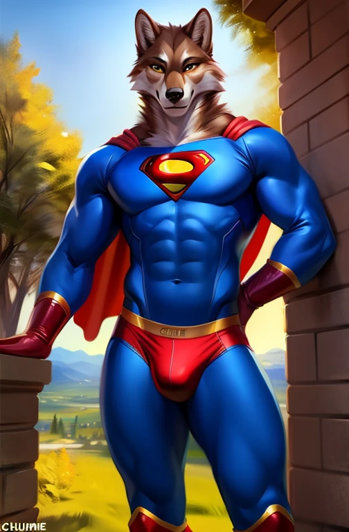4k resolution a brown wolf wearing a blue bodysuit Superman spandex costume, red speedo, red boots, presenting his bulge to viewer, by chunie