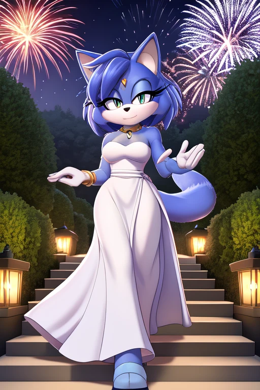 Krystal The Fox, Beautiful, White Dress, Long Dress, Garden, Night, Stars, Looking at Viewer, walking, 2D illustration, New Year’s Eve, fireworks