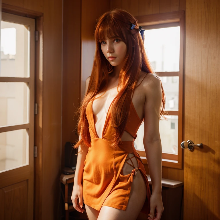 1girl, red hair, long hair, hair ribbon, bangs, orange eyes, parted lips, indoors, upper body, SHORT dress is transparent in the backlight,