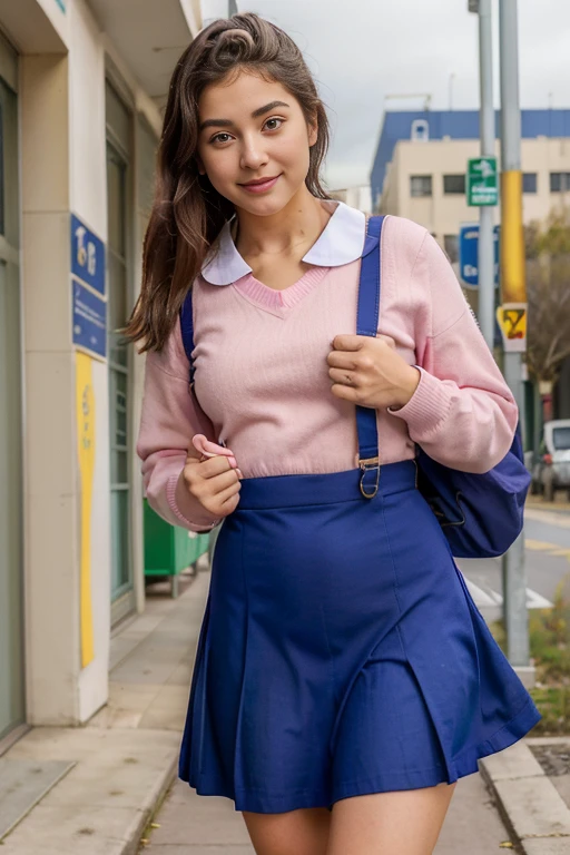 (((Mujer en uniforme escolar))), llevando bolsas de compras., cute schoolgirlish, dressed as schoolgirlish, usar falda y calcetines altos, teenage female schoolgirlish, teenage girlish, school girlish, Compras de personas, teenager girlish,  girlish, Llevar uniforme escolar, Estilo Preppy, realistic schoolgirlish, Vestido con ropa larga y fluida, wearing Japanese school uniform, en un centro comercial