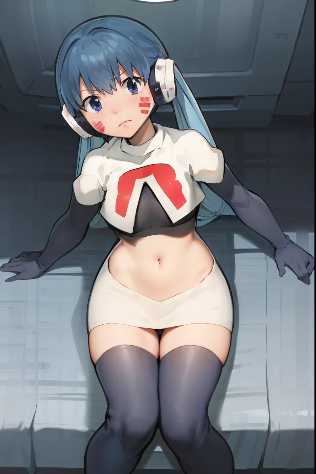 masterpiece, best quality, pov, harmit1, 1girl, solo, blue eyes, blue hair, long hair, twintails, facial mark, headphones, 
team rocket,team rocket uniform, red letter R, white skirt,white crop top,black thigh-highs,black elbow gloves