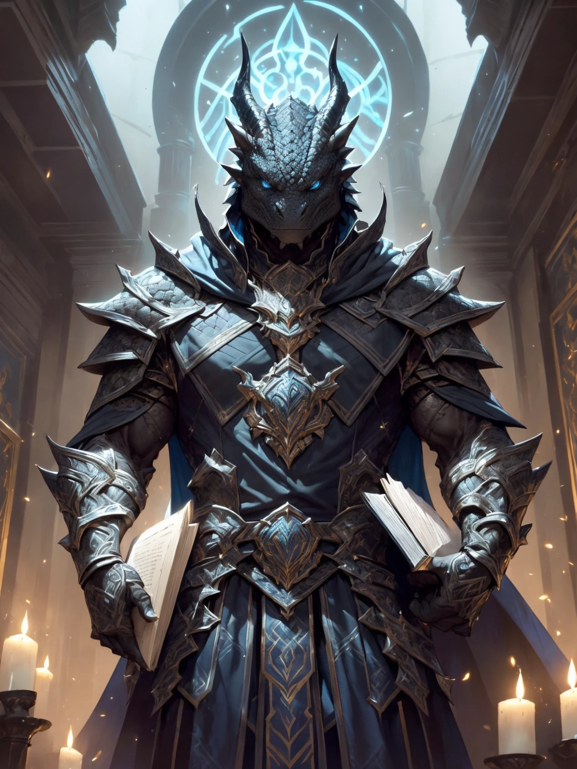 (black dragonborn, male, silver horns, solo portrait, stoic pose, holding a book, black scales, scales, reptilian face, blue eyes) tail, buff, black and blue armor, black and blue chest armor, black and blue gauntlets, black and blue pauldrons, dark blue cloak, dark blue robes, inside, close-up, standing inside, good lighting, blue flamed candles in back ground, in temple ((masterpiece, best quality)), art by greg rutkowski