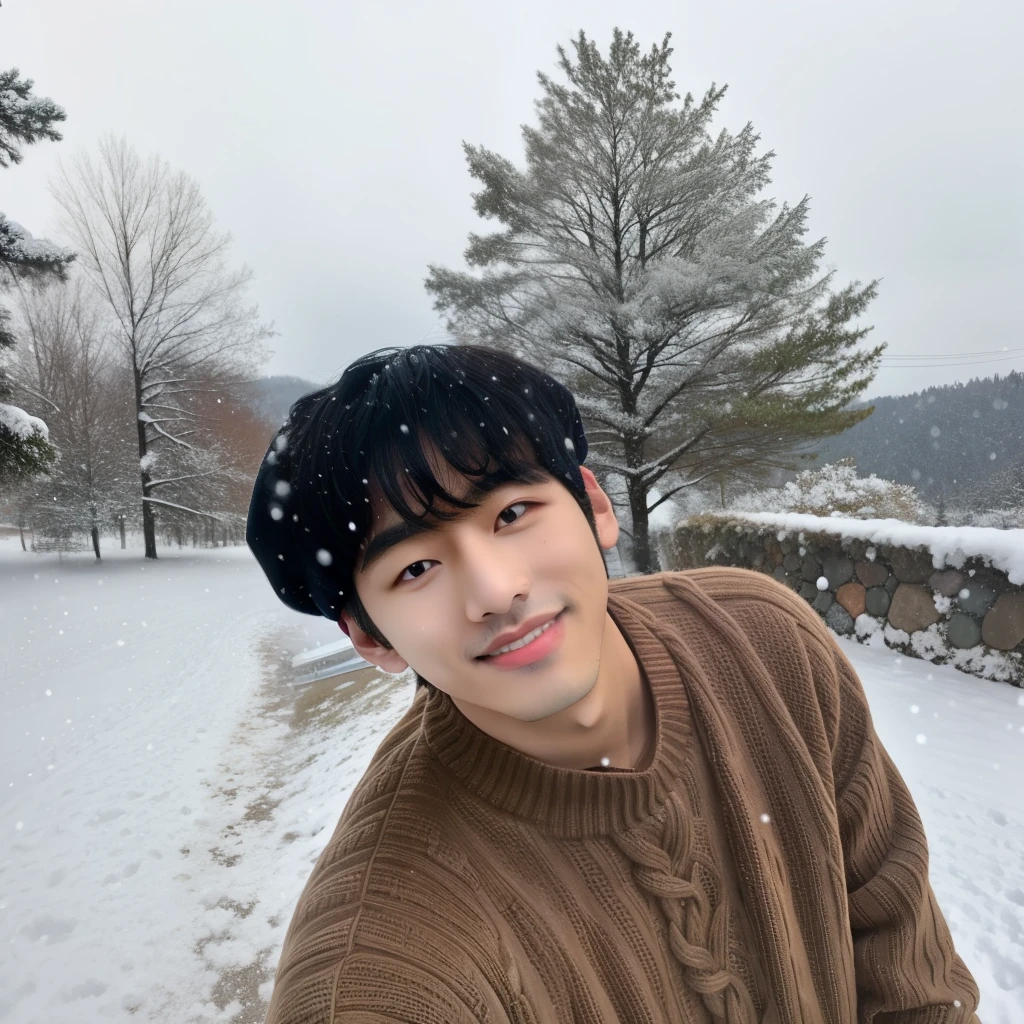 arafed man in a sweater and sweater posing for a picture na neve, Kim Doyoung, na neve, only snow i the background, Jinyoung Canela, na neve, frio como ! 🧊, TaeJune Kim, Parque Jimin, apenas neve no fundo, Hong June Hyung, Jaeyeon Nam, Hyung Tae, Nevando, Seseon Yoon