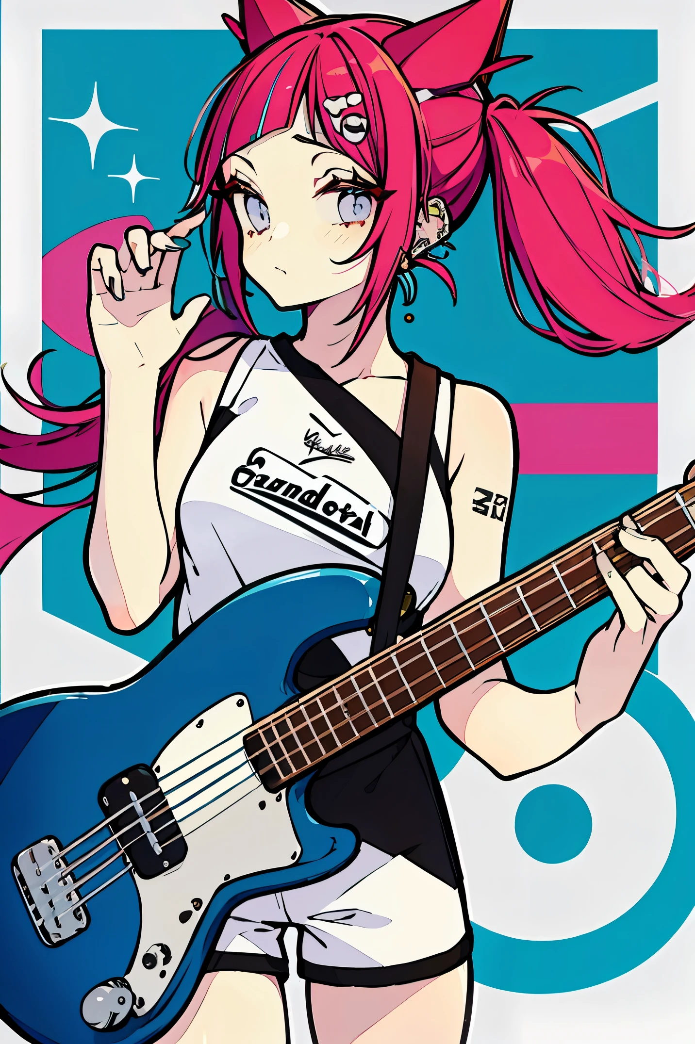 sketchbook、Colorful hair color、Korea person。-yeld beiful girl。femele。Tattoos and piercings。Street。portlate。white camisole with hot pants。Twin-tailed、Anatomically correct fingers、Twin-tailed。、Intricate 4-string bass:1.2、Anatomically correct fingers、((Detailed Fender Precision Base:1.3))、Only one base、