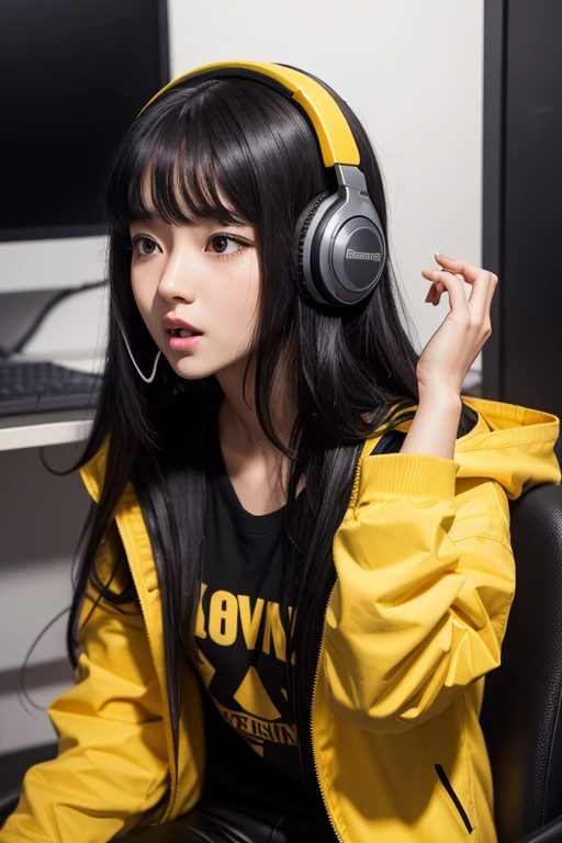 1girl, sitting, close up, YouTuber, two hands up, shouting, sad, long black hair, in computer desk, brown eyes, black shirt, yellow jacket, wearing black headphone, studio, high res, ultrasharp, 8K, masterpiece