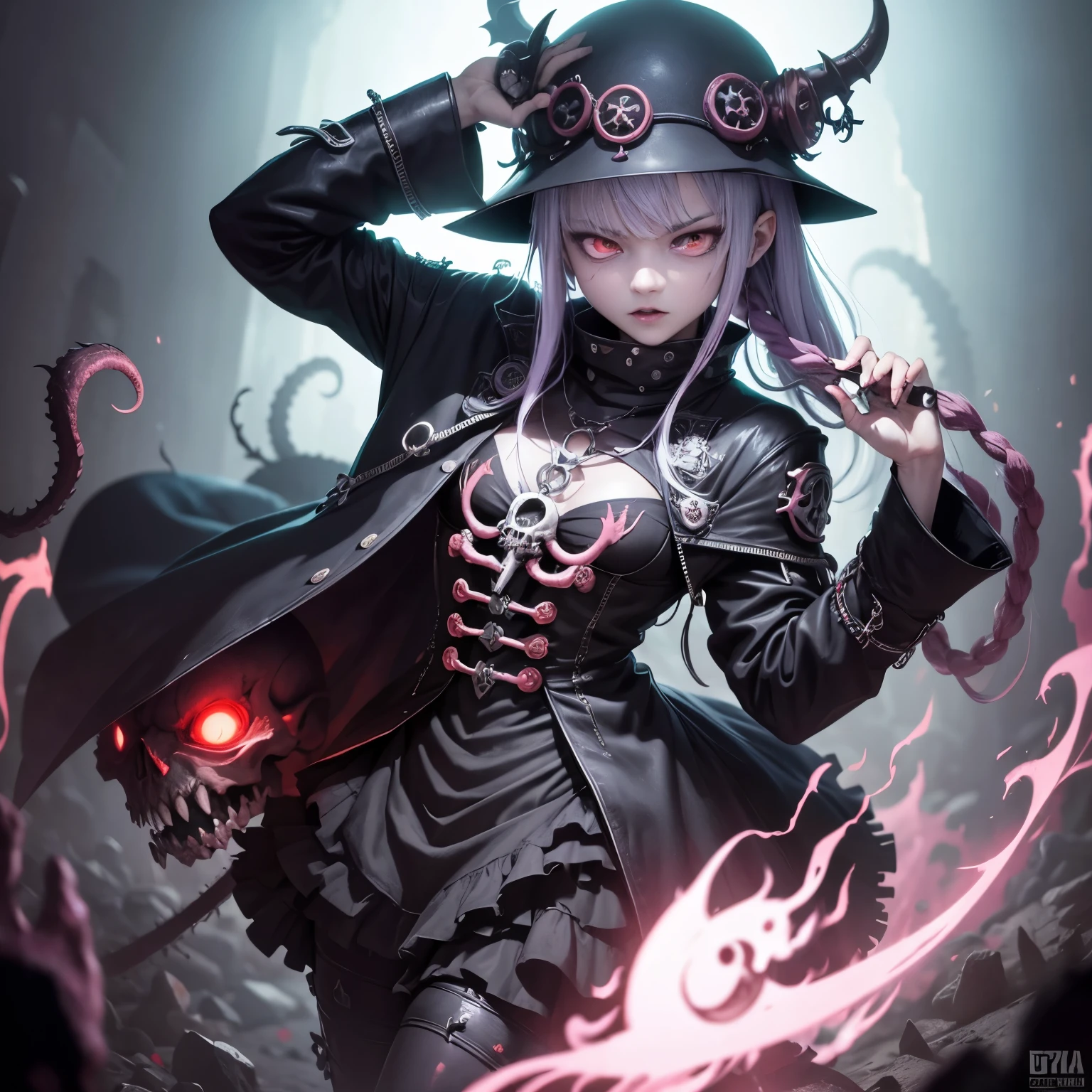 Devil's eye purple，Red right eye.Purple clothes with hood。The skin is not bloody。Six blood-red tentacles on the back, cold and godless, short purple hair, with bangs。