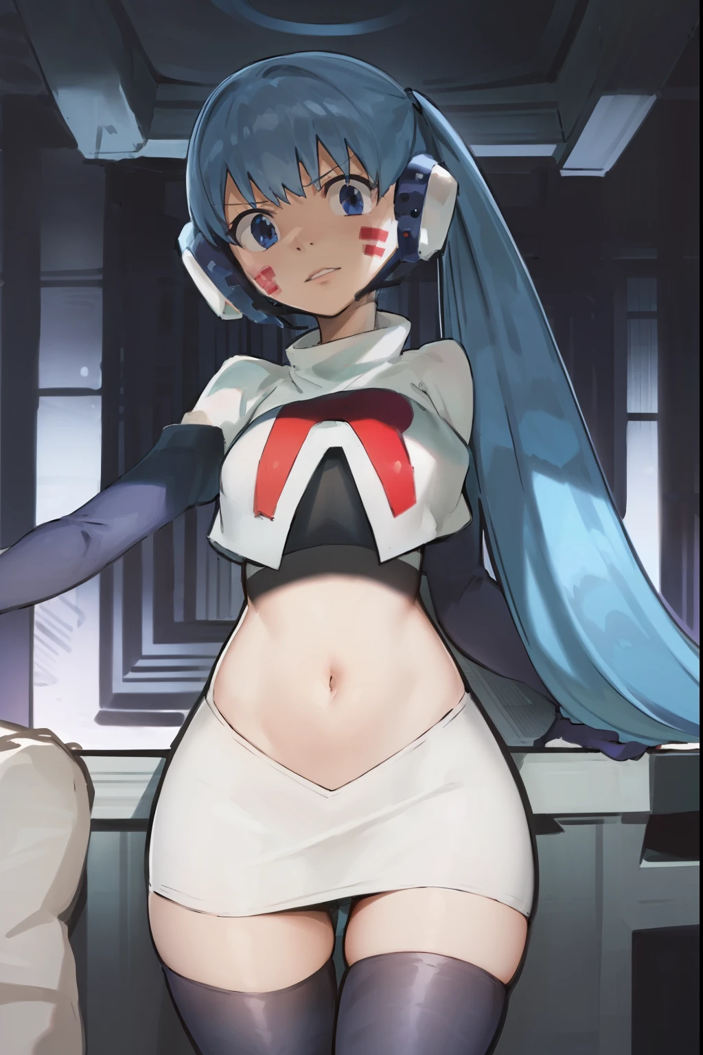 masterpiece, best quality, pov, harmit1, 1girl, solo, blue eyes, blue hair, long hair, twintails, facial mark, headphones, 
team rocket,team rocket uniform, red letter R, white skirt,white crop top,black thigh-highs,black elbow gloves