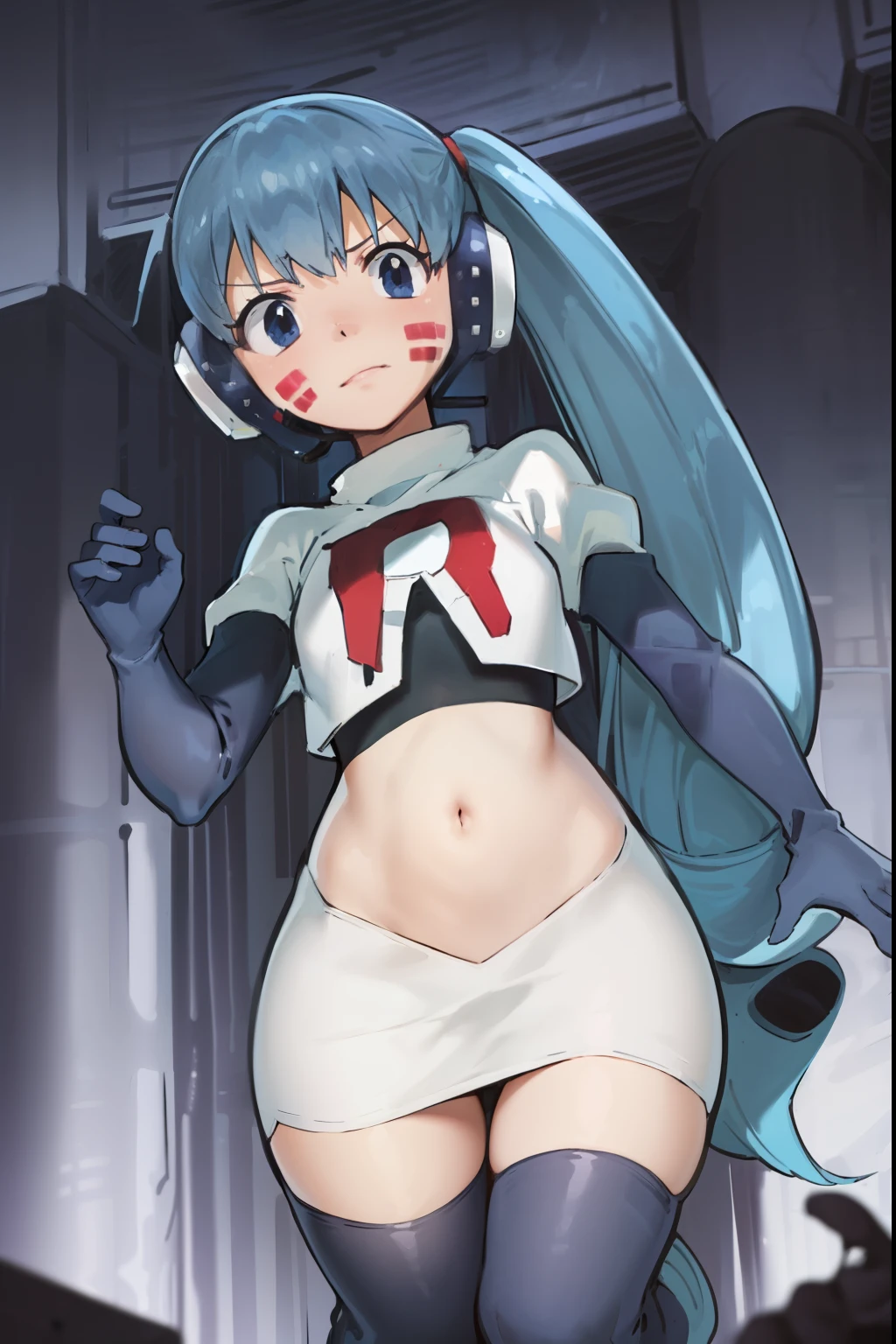 masterpiece, best quality, pov, harmit1, 1girl, solo, blue eyes, blue hair, long hair, twintails, facial mark, headphones, 
team rocket,team rocket uniform, red letter R, white skirt,white crop top,black thigh-highs,black elbow gloves