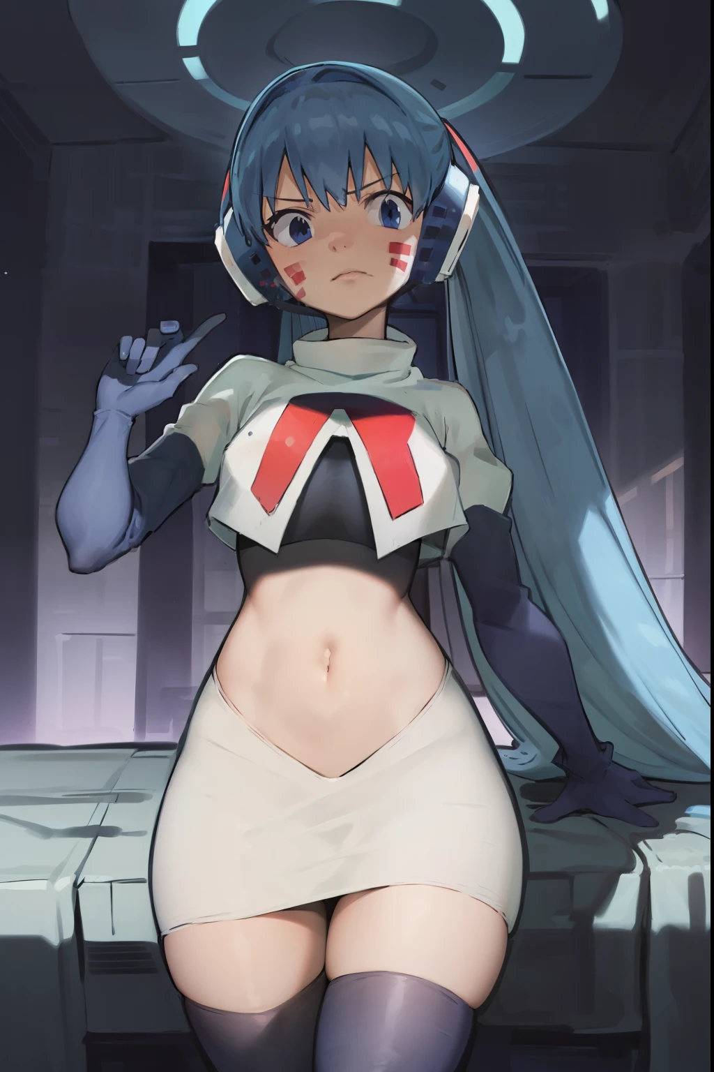 masterpiece, best quality, pov, harmit1, 1girl, solo, blue eyes, blue hair, long hair, twintails, facial mark, headphones, 
team rocket,team rocket uniform, red letter R, white skirt,white crop top,black thigh-highs,black elbow gloves